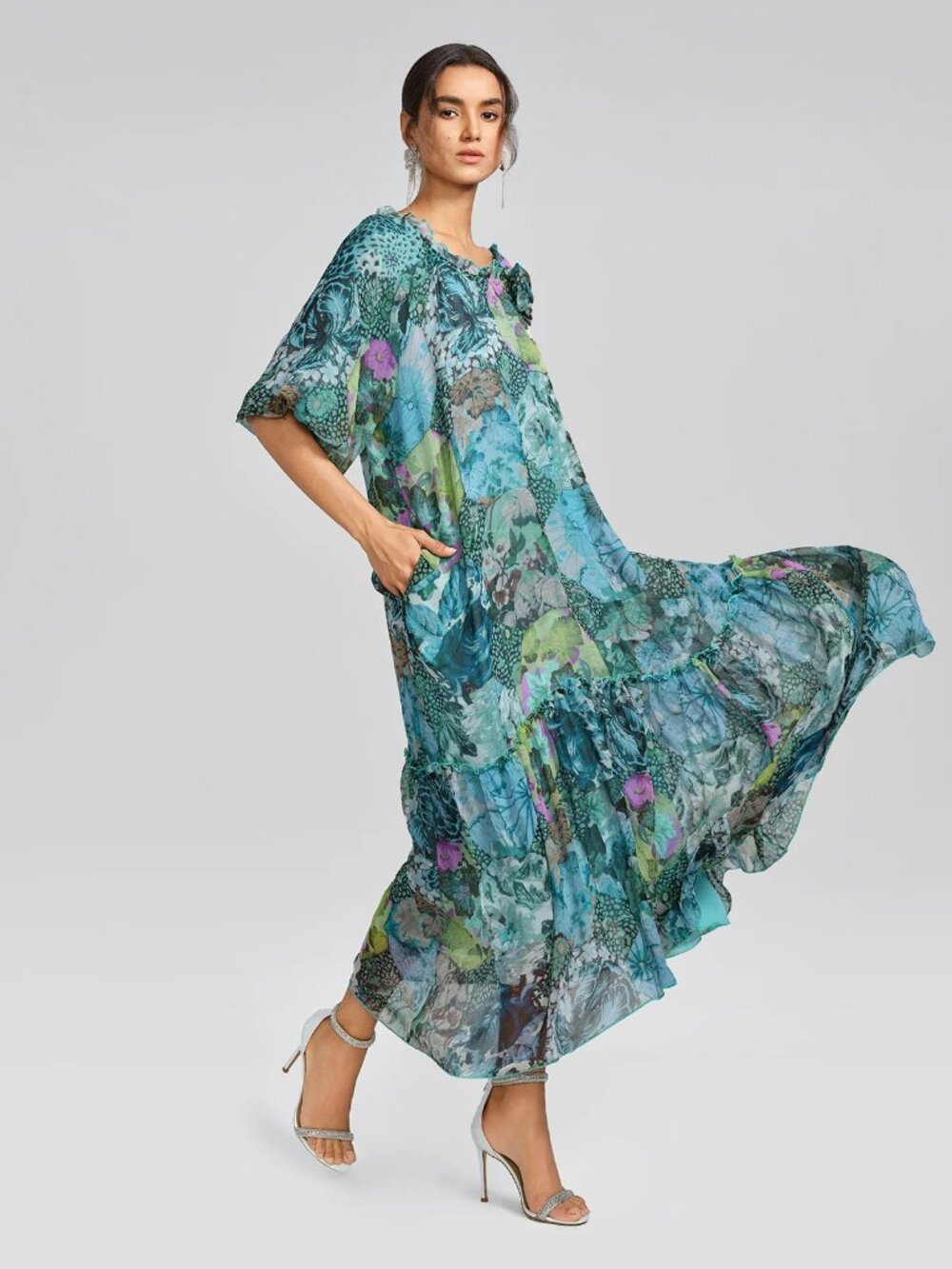 Silk Printed Puff-Sleeve Maxi Dress